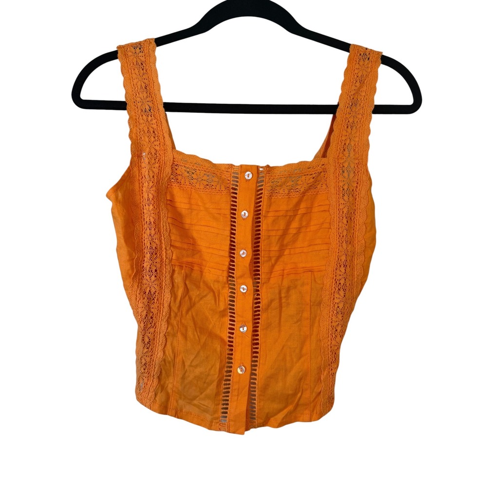 Free People Adella Lace Trim Pintuck Cami Top Orange XS OB1245813 NEW